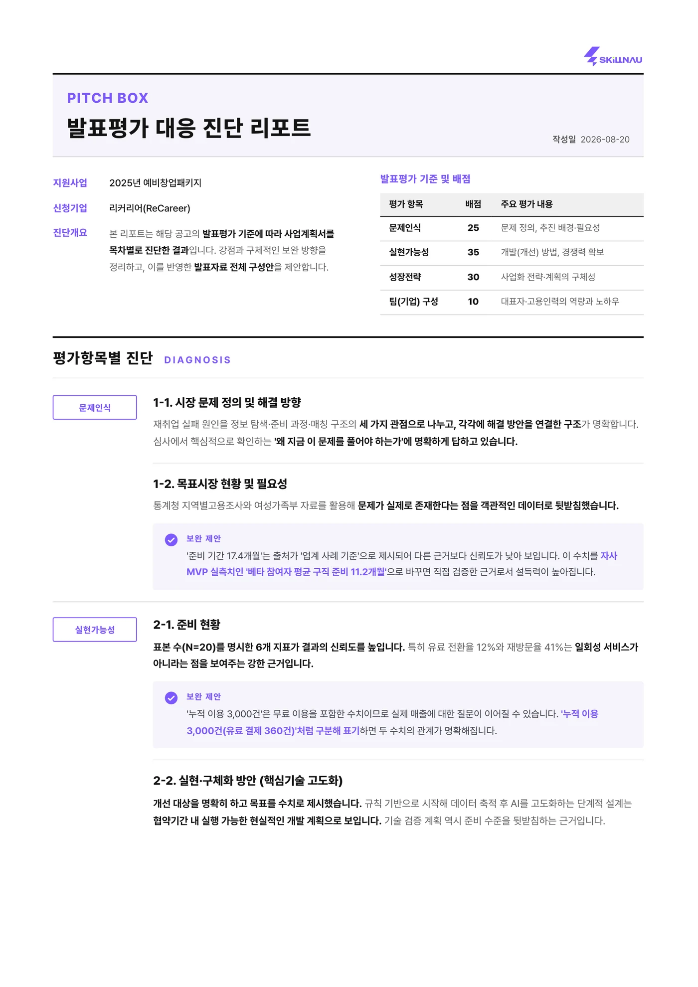 발표평가 대응 진단 리포트 예시